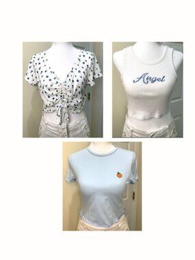 3 Shein Women Tops Blue & White Tank Top Short Sleeves Size Medium